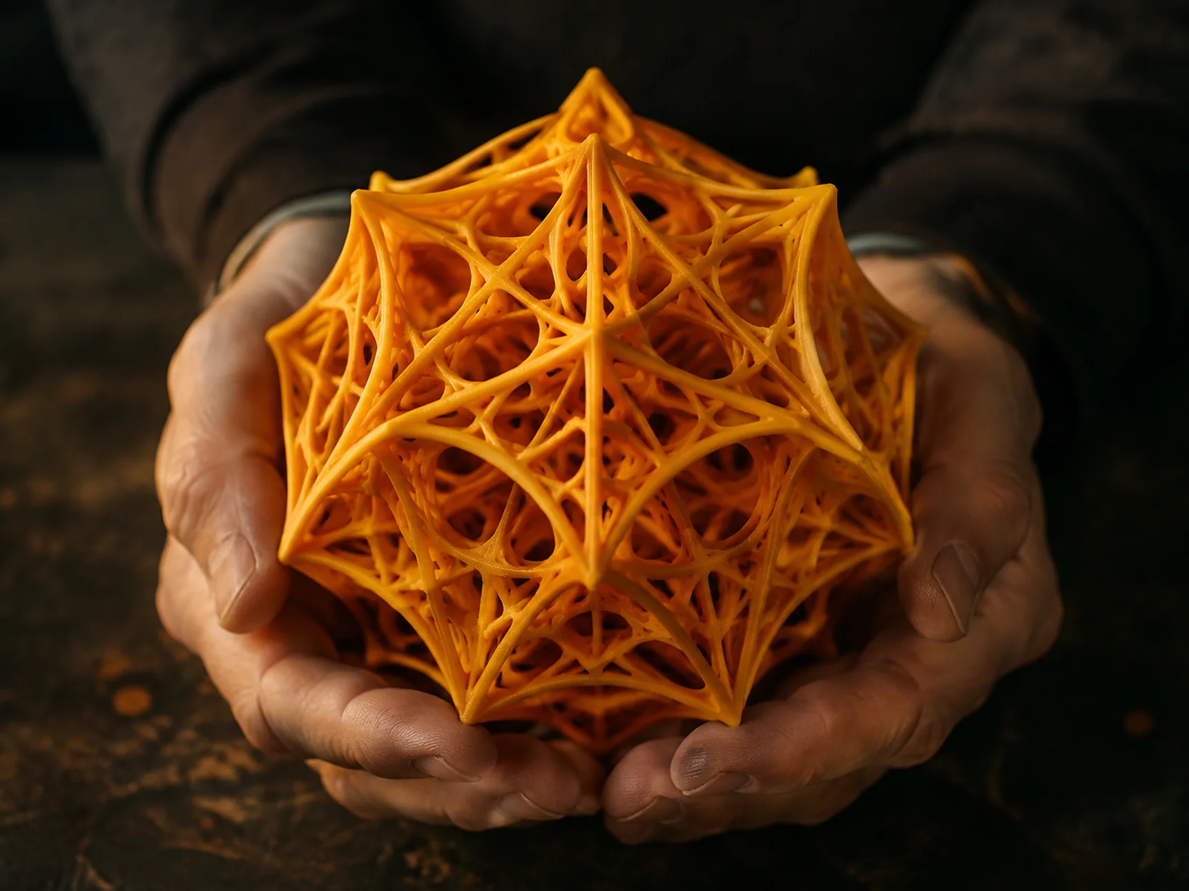 A finished 3D printed geometric lattice sculpture in warm orange filament held in two hands