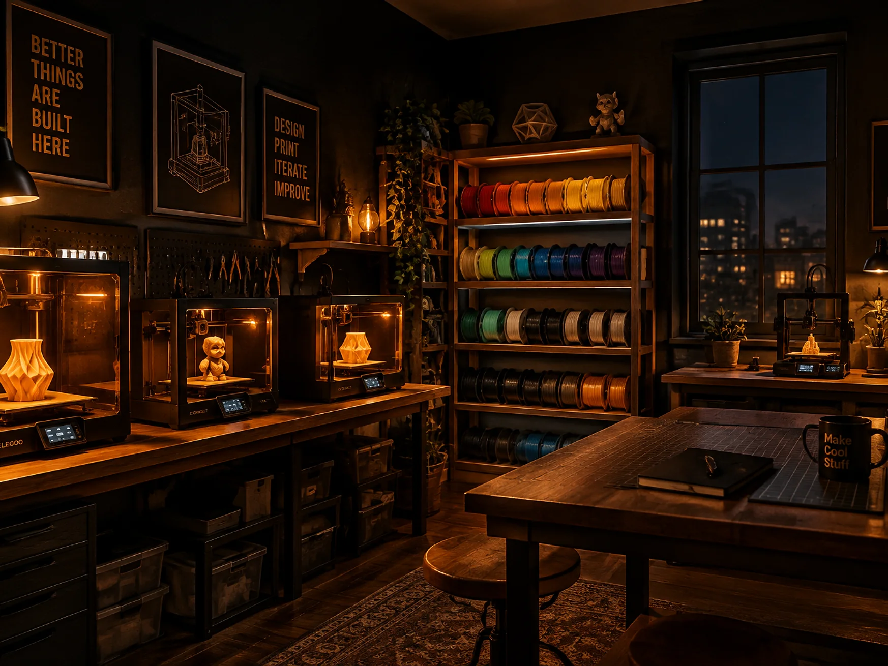 A cozy 3D printing workshop with multiple printers glowing warm amber in a dark room