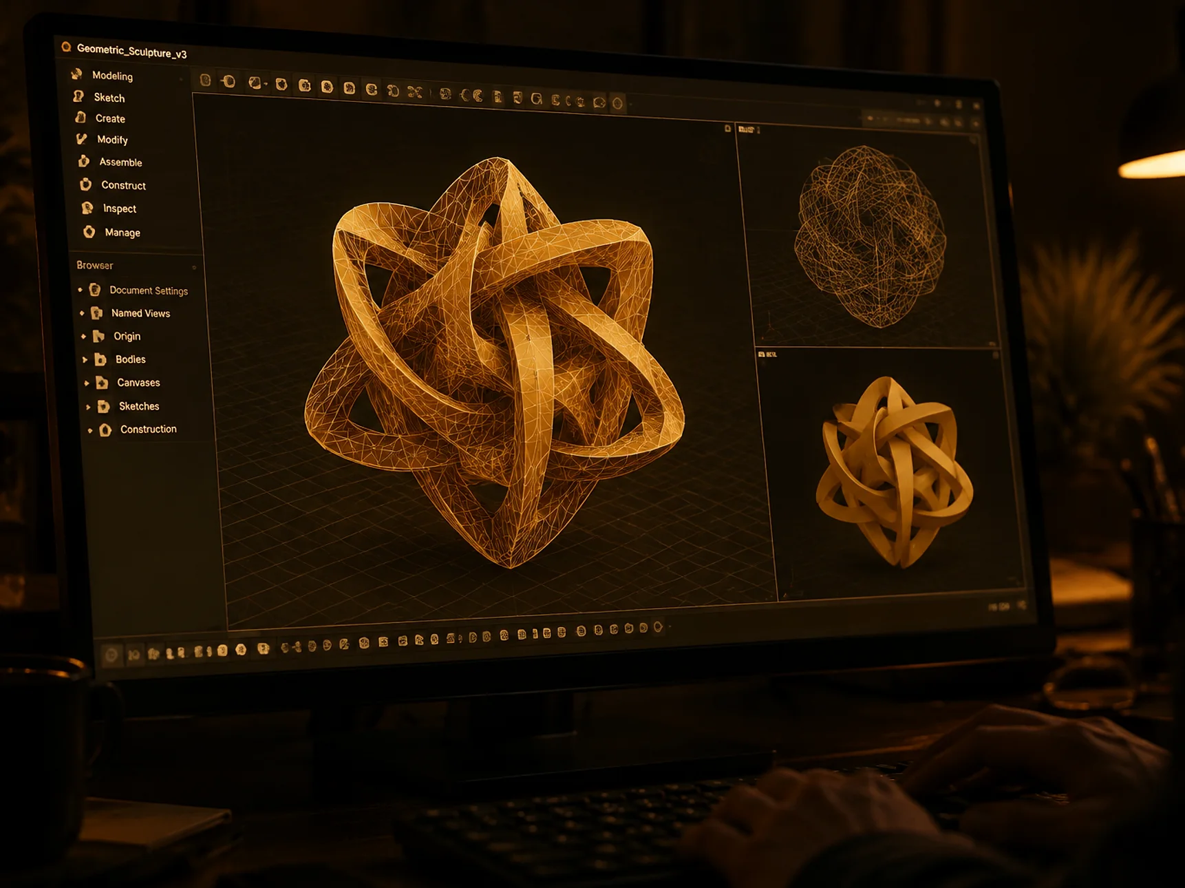 A 3D CAD model of an intricate geometric sculpture on a dark studio screen