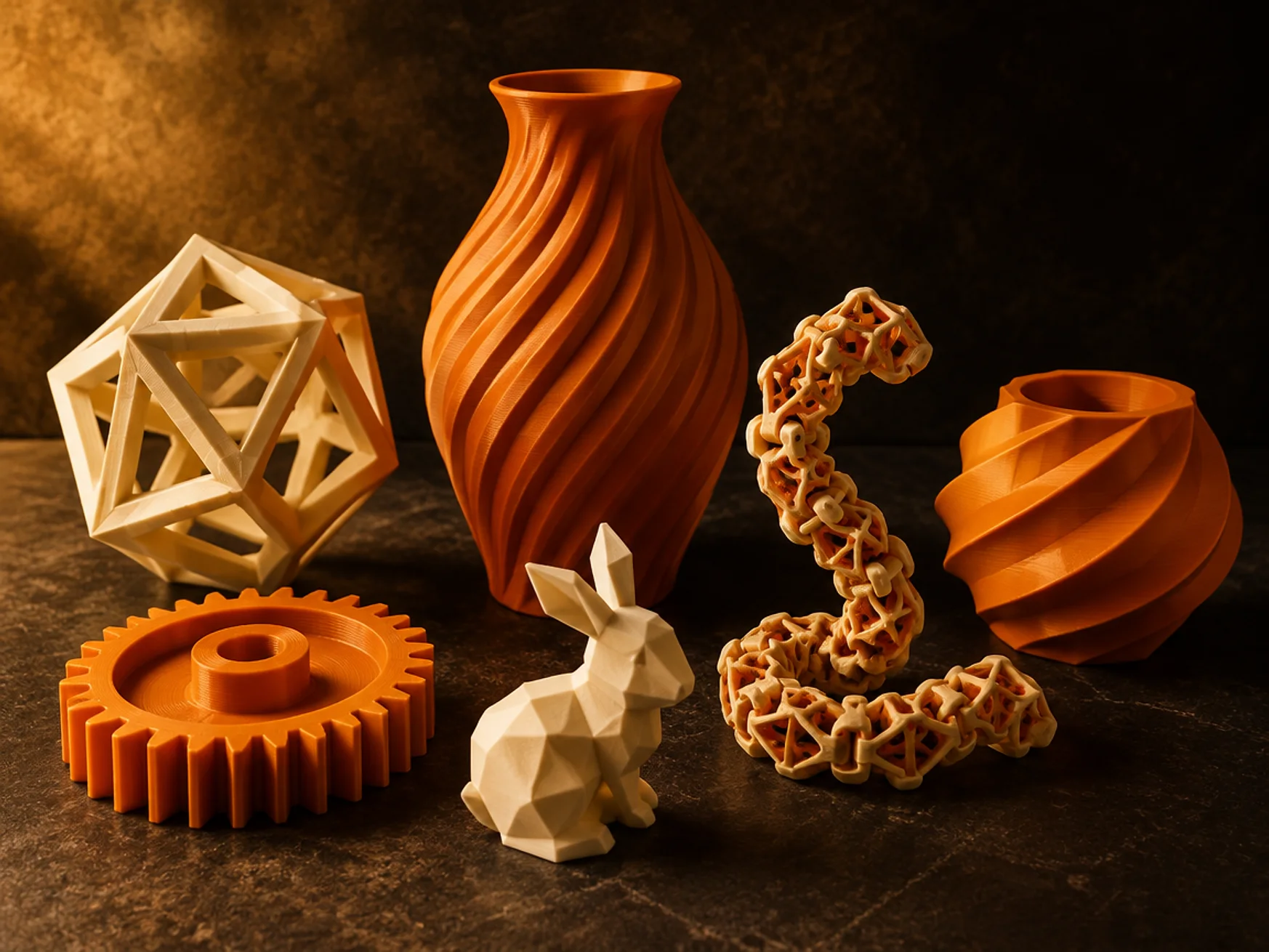 A collection of diverse 3D printed objects in warm orange and cream filament on a dark surface